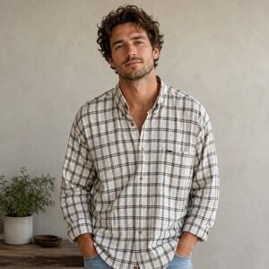 Alexander Julian Colours Mens XXL Cream Navy Plaid‎ Button Down Cotton Shirt